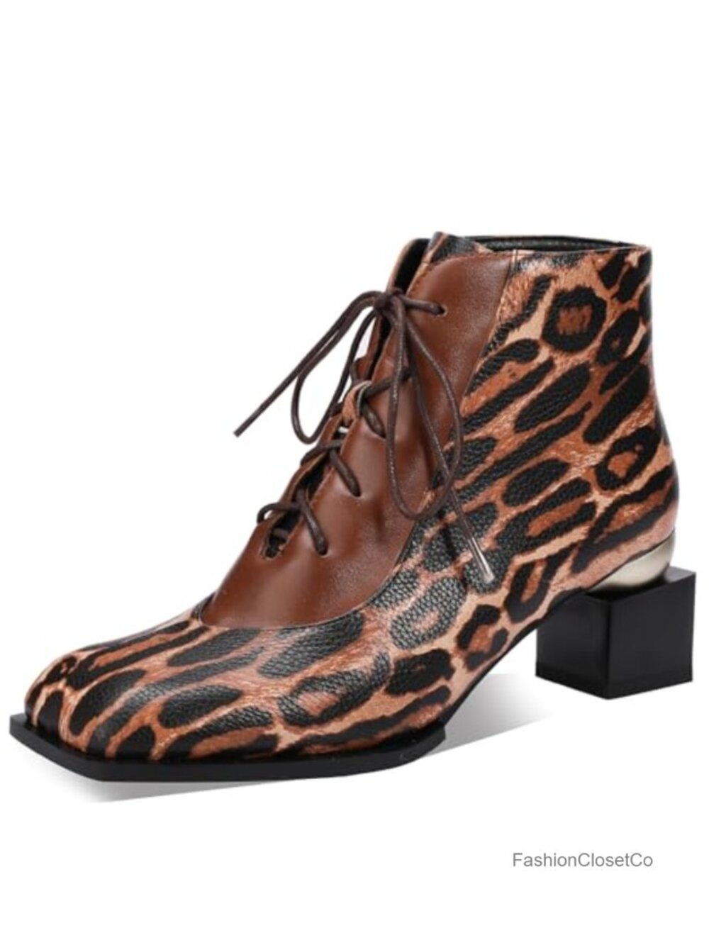 Faux Leather Square Toe Lace Up Ankle Boots Chunky Heel Women's Booties